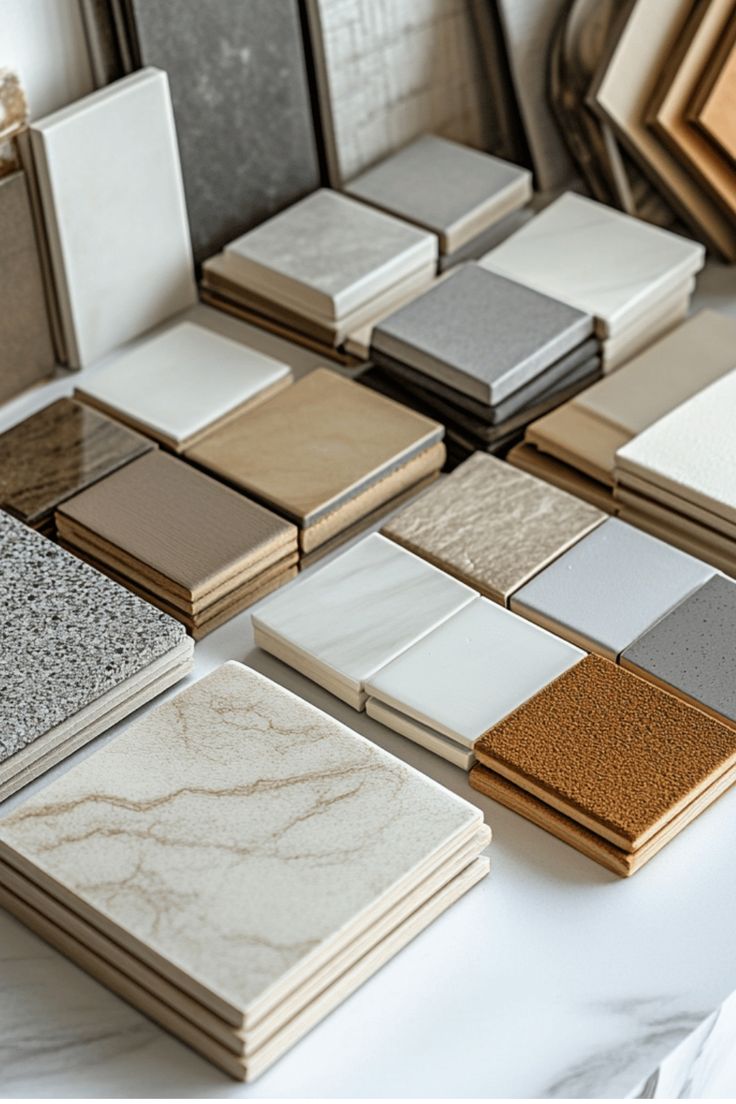 Tile and granite samples in a range of colours and finishes