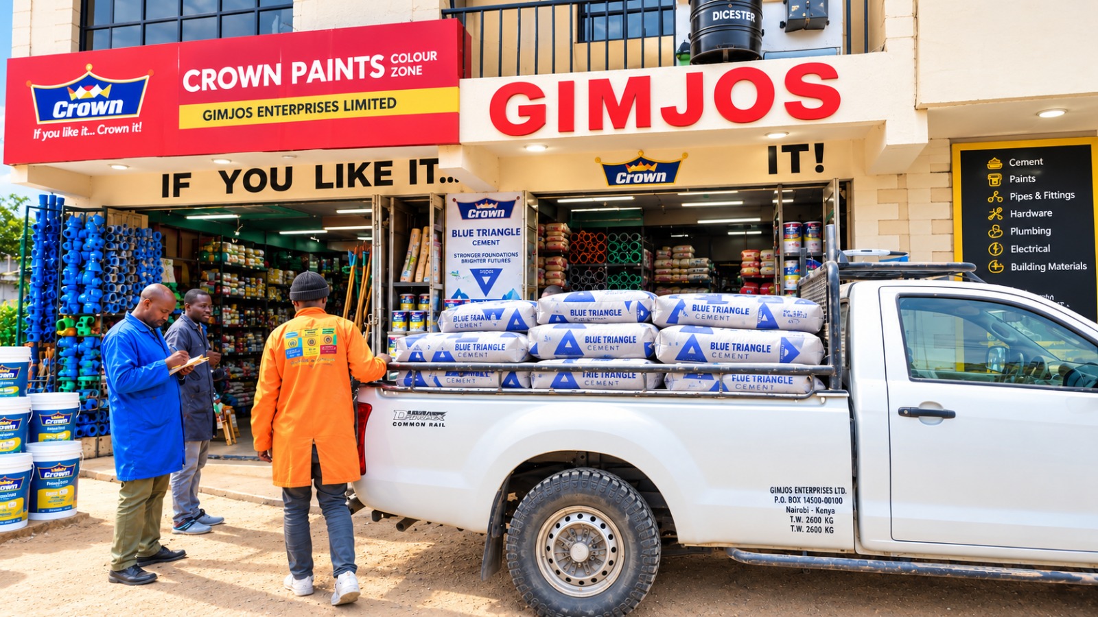 Gimjos Enterprises Ltd storefront on Katani Road, Syokimau — Crown Paints Colour Zone with cement, paints, pipes and hardware stocked outside